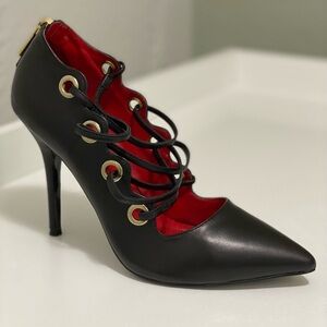 Charles Jourdan Black Lace-Up Heels with Red Interior